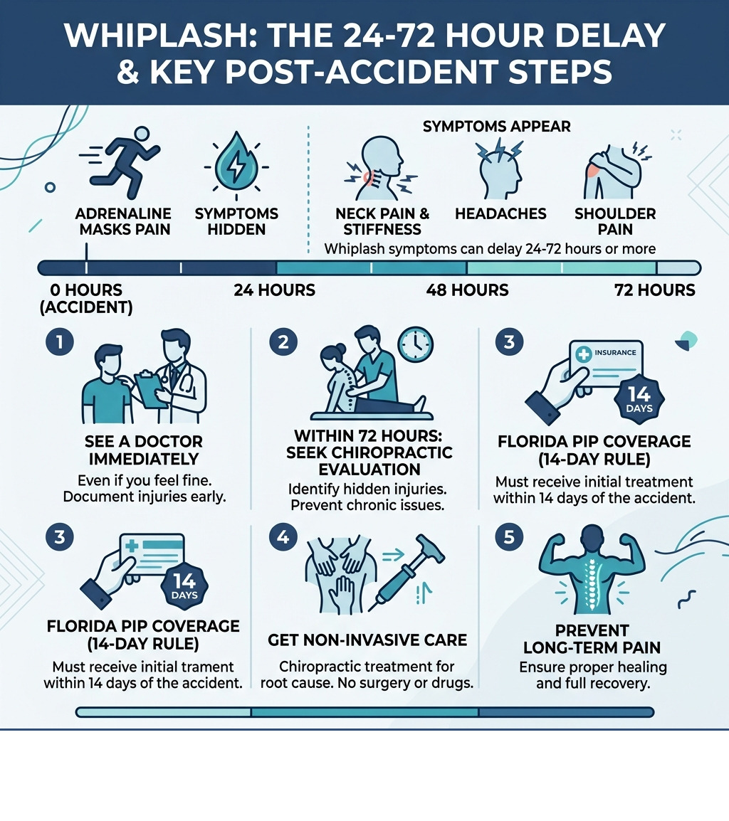 Infographic showing the 24-72 hour whiplash symptom delay timeline and key steps after a car accident - auto accident