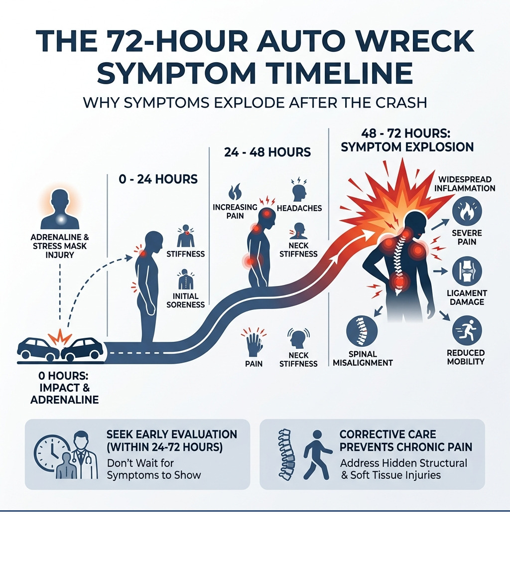 Infographic showing the 72-hour symptom explosion timeline after an auto wreck - Corrective care auto wreck infographic 