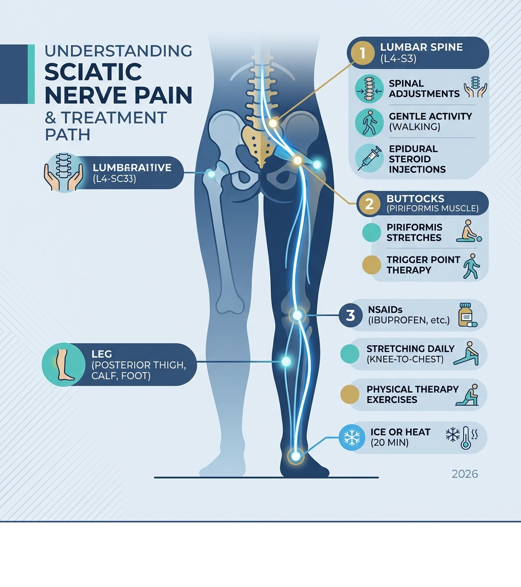 Infographic showing the path of the sciatic nerve from the lower spine through the buttocks and down the leg to the feet