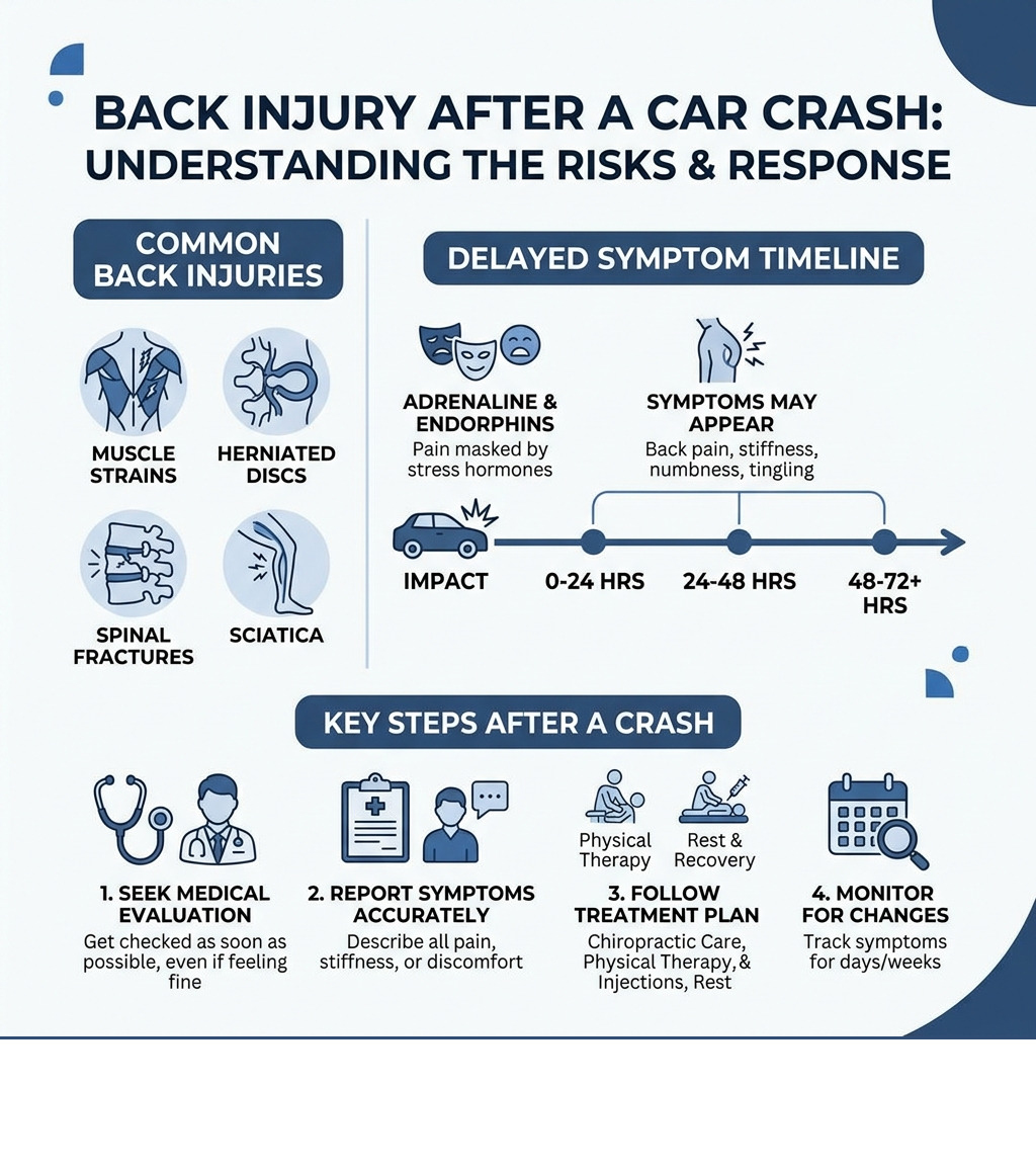 Infographic showing common back injuries, delayed symptom timeline, and key steps after a car crash - back injury car crash