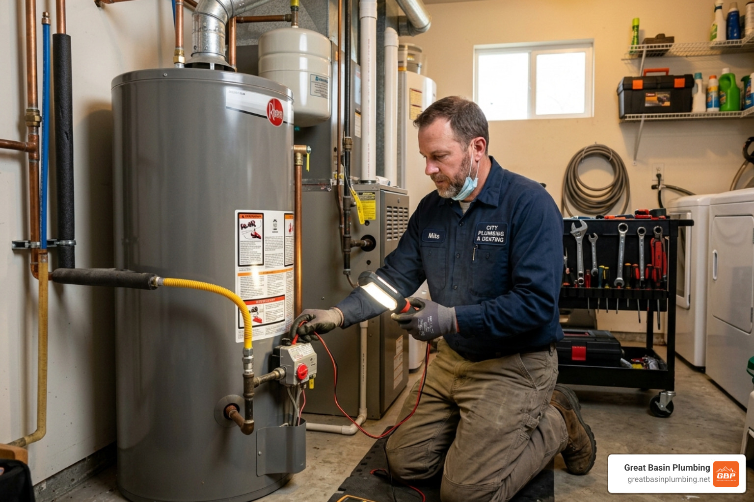 plumber inspecting water heater - Who are the best family-owned plumbing contractors in Sandy, UT?