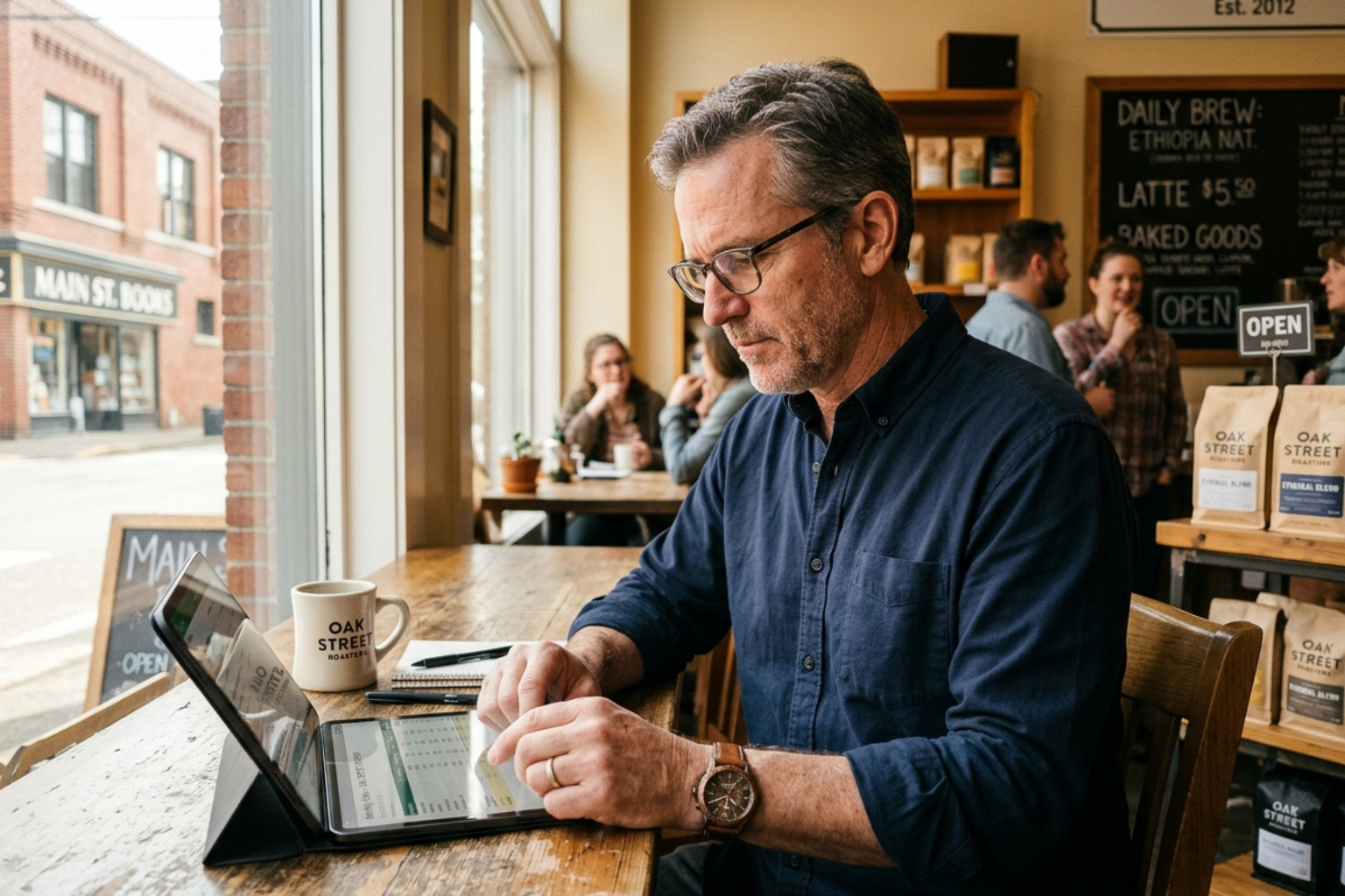 local business owner looking at a tablet in a sunlit cafe - local search results local business owner looking at a tablet in a sunlit cafe - local search results