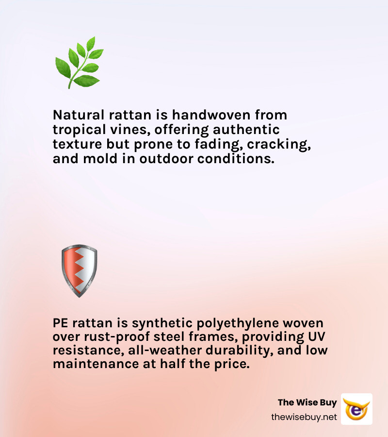 Infographic comparing PE rattan vs natural rattan benefits, price ranges, and top set types for budget shoppers - cheapest Infographic comparing PE rattan vs natural rattan benefits, price ranges, and top set types for budget shoppers - cheapest