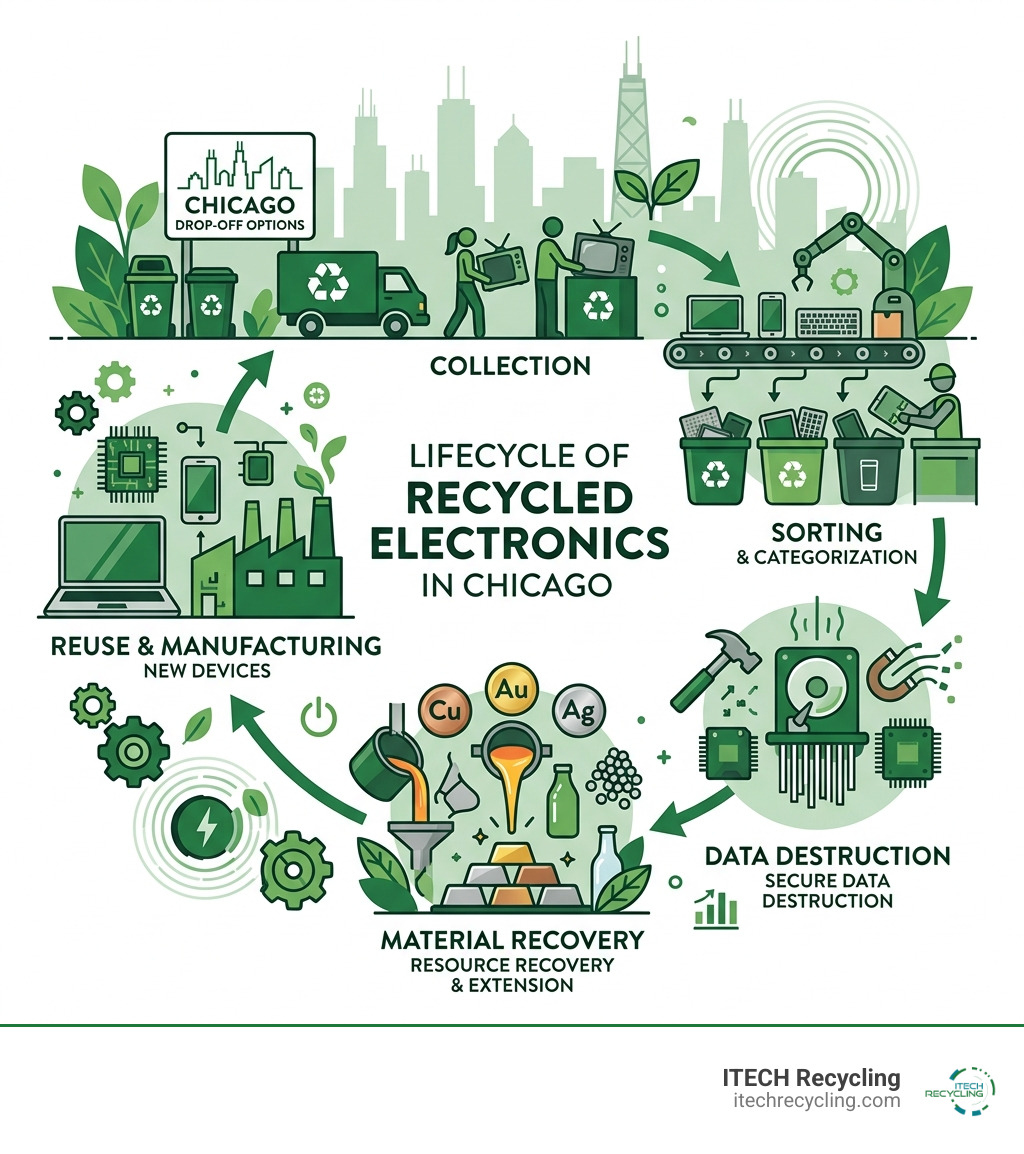 Lifecycle of recycled electronics in Chicago showing collection, sorting, data destruction, material recovery, and reuse