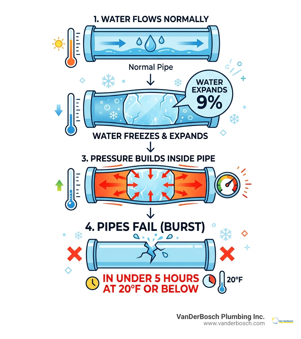 Infographic showing why pipes burst: water expands 9% when frozen, pressure builds, pipes fail in under 5 hours at 20°F