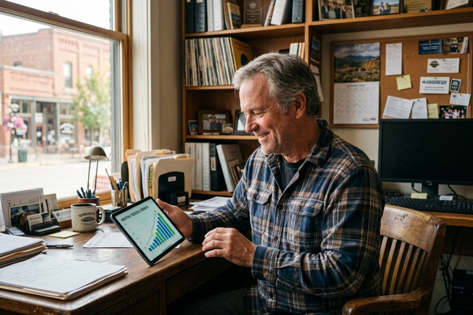 Local business owner reviewing a positive growth chart on a tablet - Indianapolis marketing agency startups