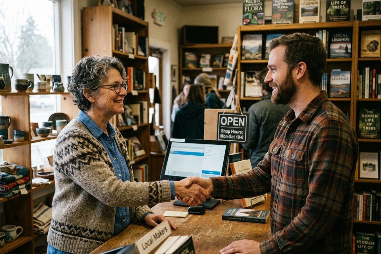 focused business owner in a local shop greeting a customer - seo services for small businesses