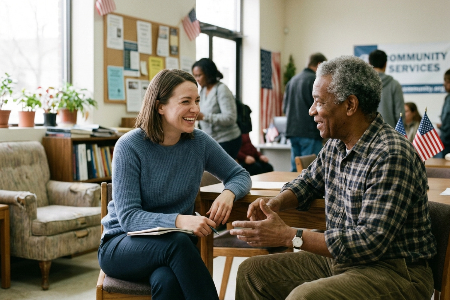 Nonprofit impact story featuring a volunteer and beneficiary talking together - LinkedIn marketing for nonprofits