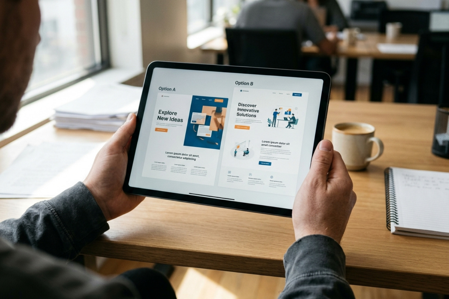 Two different landing page designs side by side on a tablet - a b testing marketing campaigns