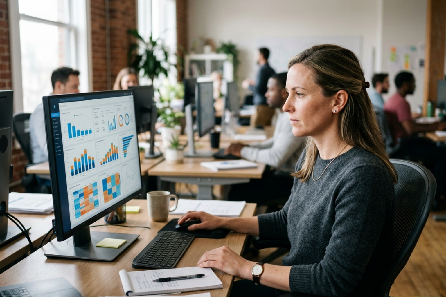 Professional marketer analyzing a clean data dashboard with a focused expression - a b testing marketing campaigns