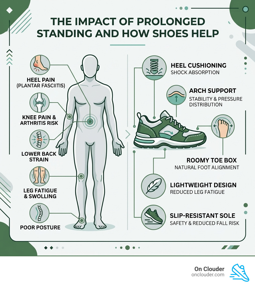 Infographic showing impact of prolonged standing on the body and key shoe features that help - best work shoes standing Infographic showing impact of prolonged standing on the body and key shoe features that help - best work shoes standing