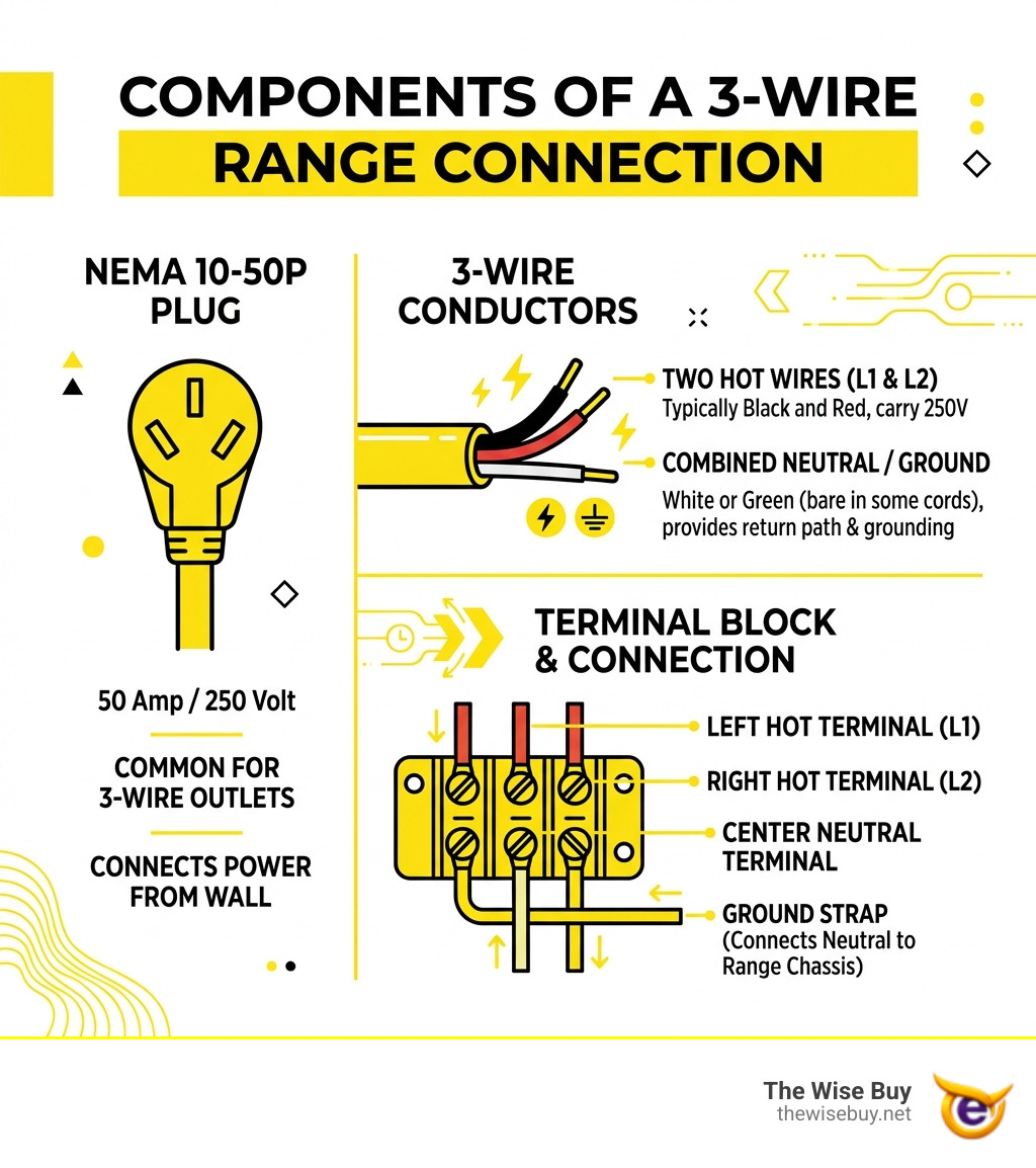 Components of a 3-wire range connection: two hot wires, one neutral/ground, NEMA 10-50P plug, terminal block - 3 prong range Components of a 3-wire range connection: two hot wires, one neutral/ground, NEMA 10-50P plug, terminal block - 3 prong range