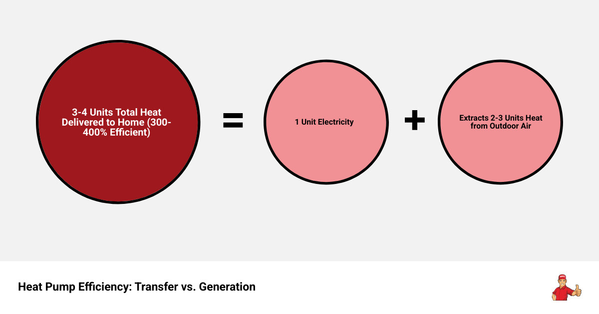 Infographic showing heat transfer process of heat pump vs heat generation of furnace with efficiency comparison - heat pump Infographic showing heat transfer process of heat pump vs heat generation of furnace with efficiency comparison - heat pump