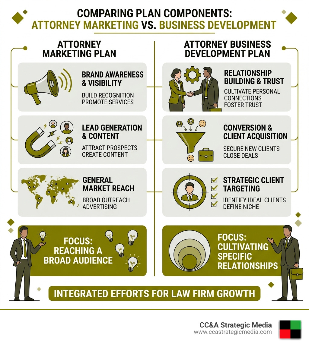 Infographic showing key differences between attorney marketing and business development plan components - attorney business Infographic showing key differences between attorney marketing and business development plan components - attorney business