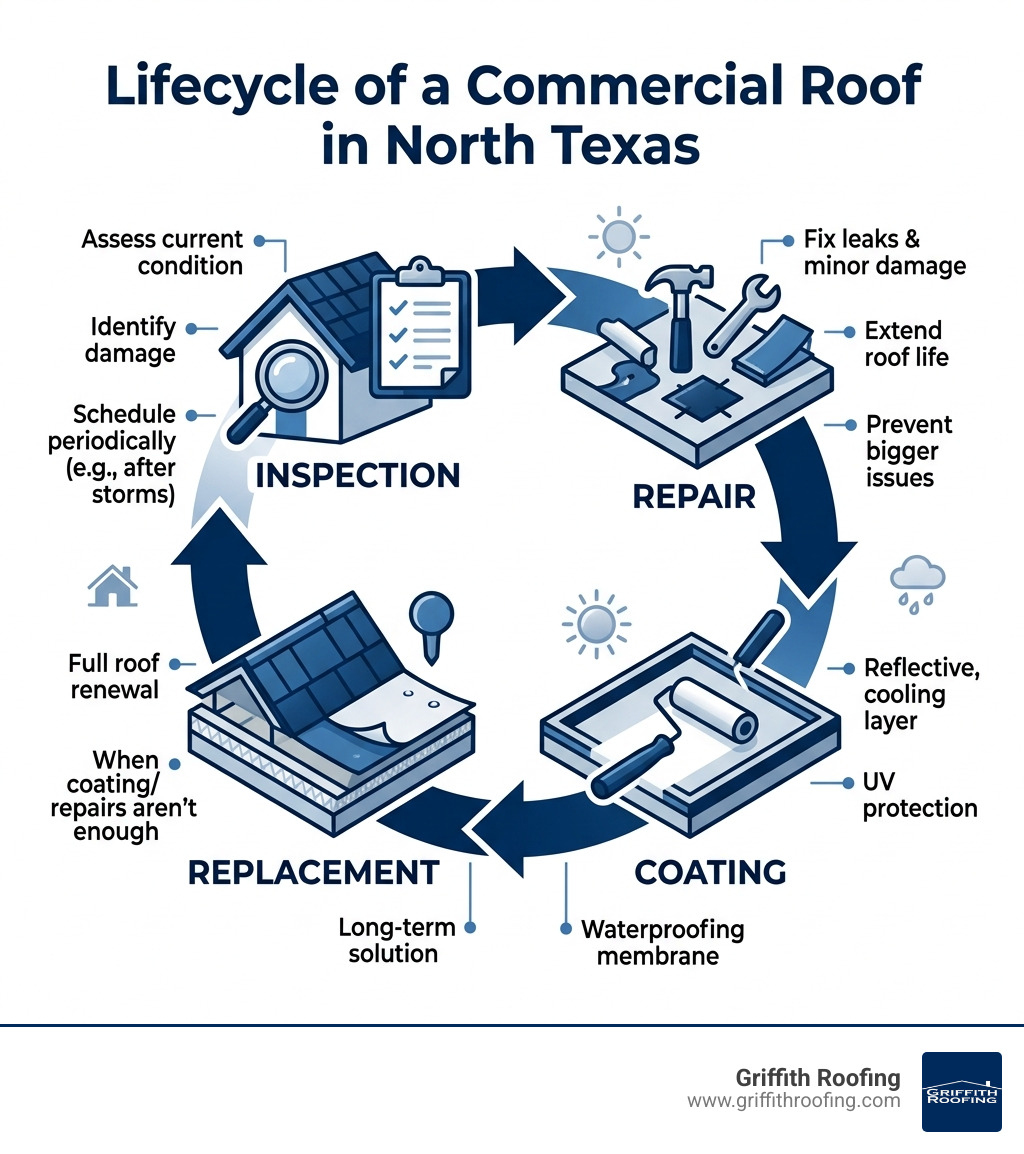 Lifecycle of a commercial roof in North Texas: inspection, repair, coating, and replacement stages - southlake commercial
