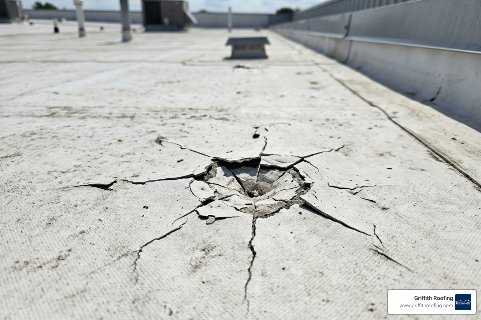 Hail impact on a white TPO roofing membrane showing star-shaped cracking - southlake commercial roof repair
