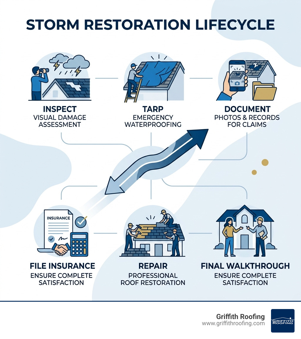 Storm restoration lifecycle infographic: inspect, tarp, document, file insurance, repair, final walkthrough - southlake