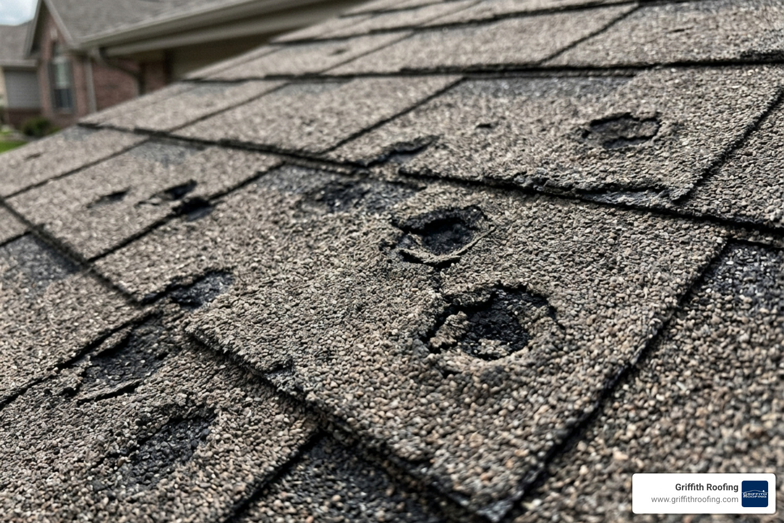 A close-up of asphalt shingles with circular hail impact marks and missing granules - southlake storm repair roofing