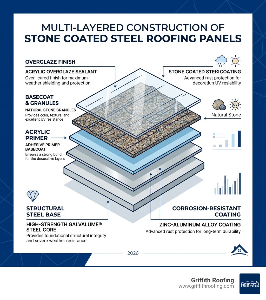 Multi-layered construction of stone coated steel roofing panels infographic - stone coated steel roofing infographic 