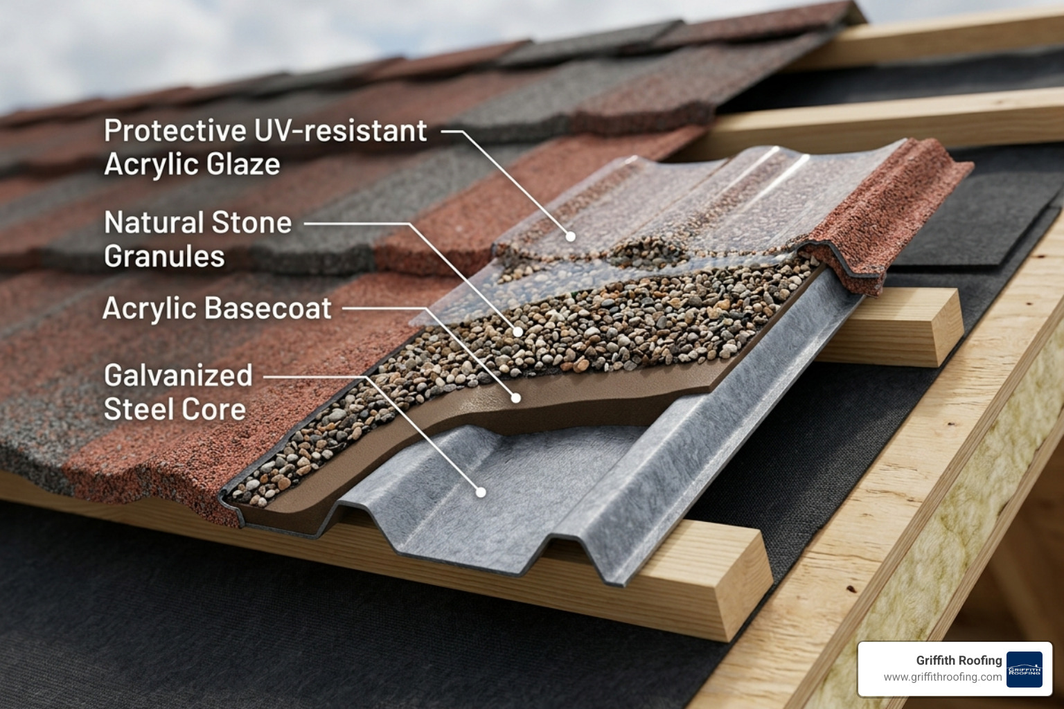 Cross-section of a stone coated steel roofing panel showing layers - stone coated steel roofing
