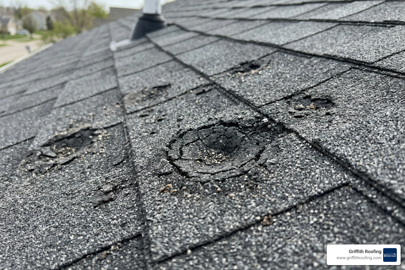 Hail damage on asphalt shingles showing loss of granules and bruising - local roof repair southlake