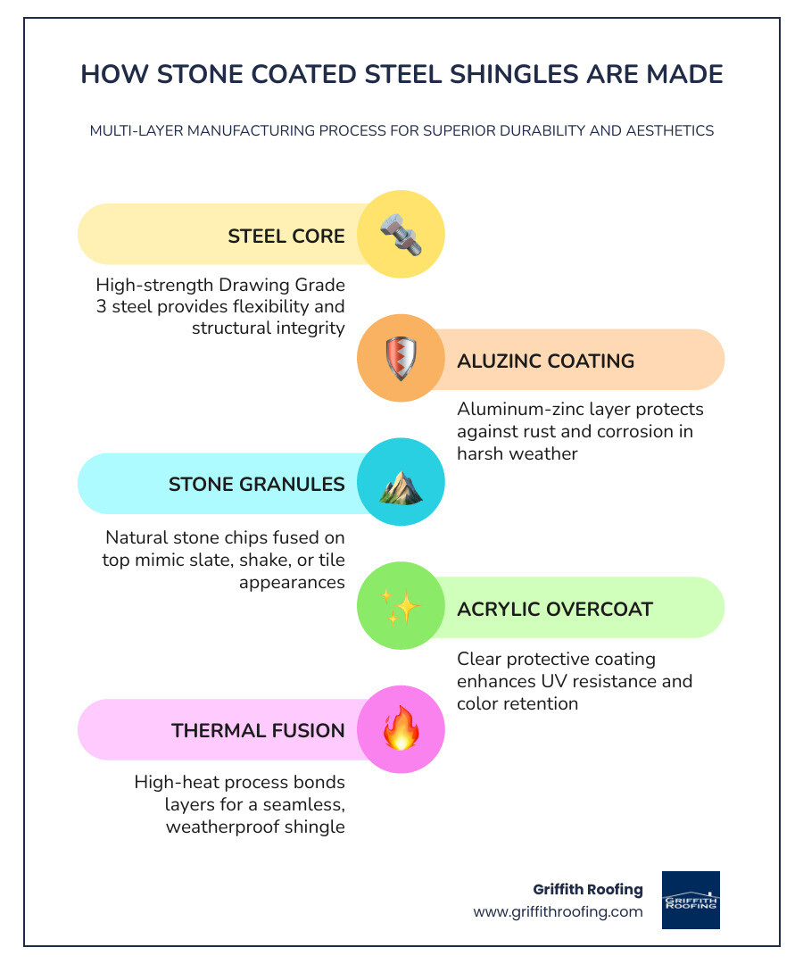 Infographic showing multi-layer composition of stone coated steel panels with steel core, Aluzinc coating, stone granules