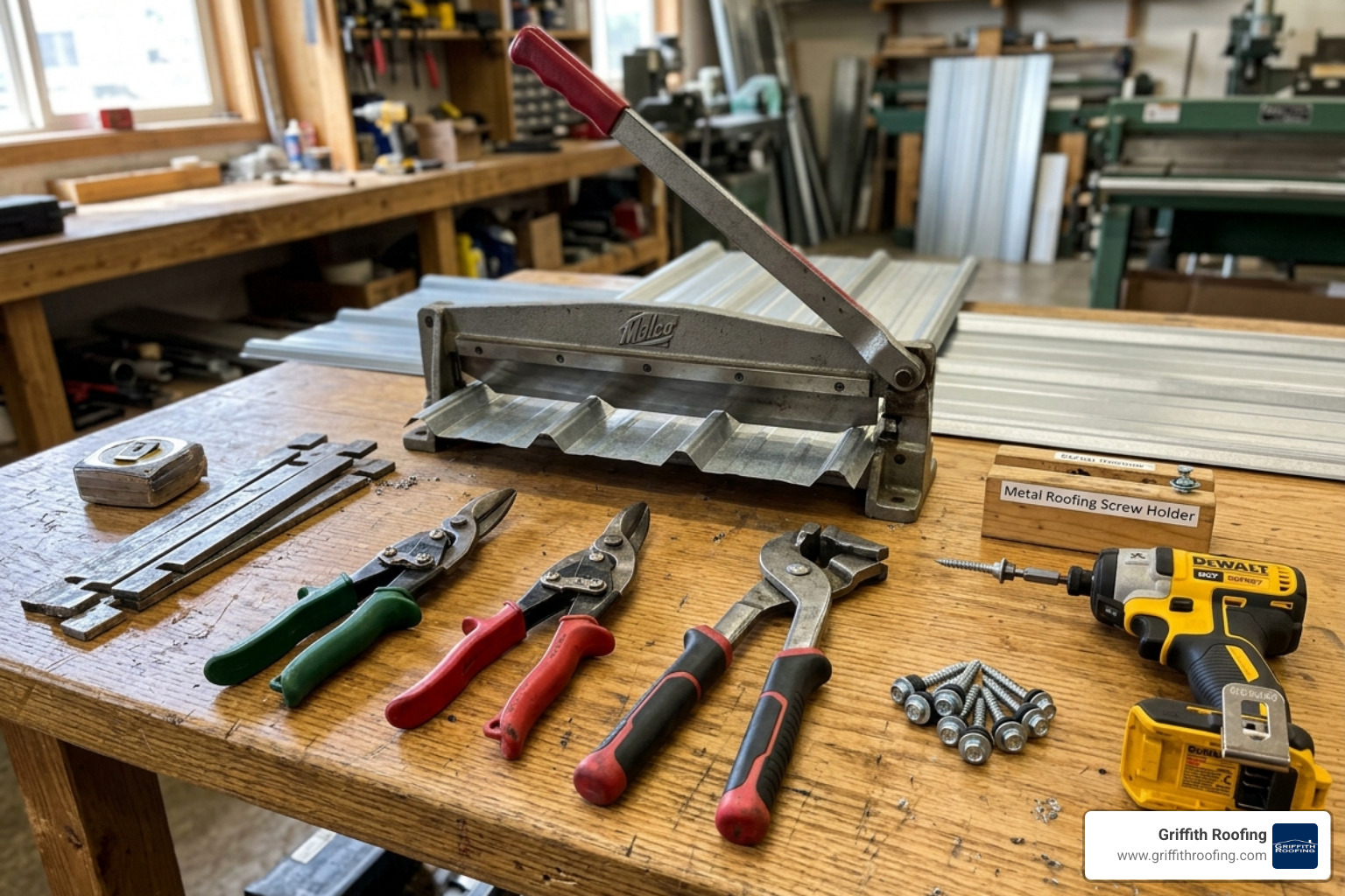 Specialized metal roofing tools including cutters, benders, and snips - stone coated roofing installation