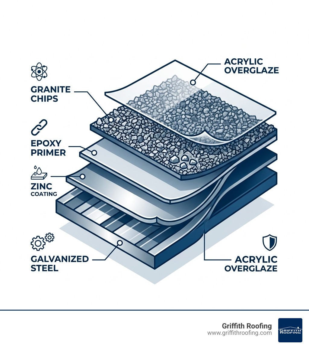 Multi-layered composition of stone coated steel panels showing galvanized steel, zinc coating, epoxy primer, granite chips