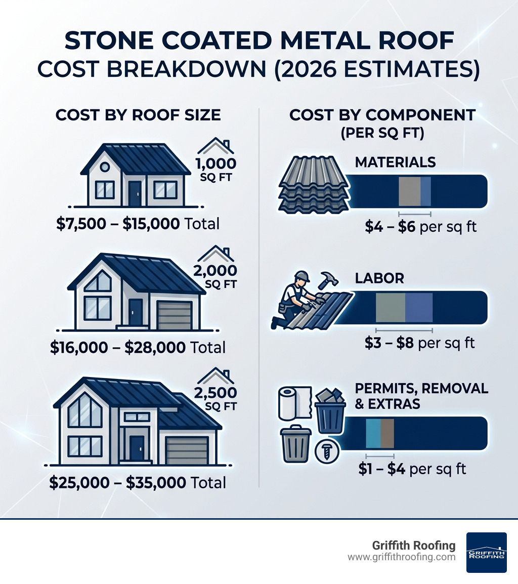 Infographic showing stone coated metal roof cost breakdown by size and component - stone coated metal roof cost infographic Infographic showing stone coated metal roof cost breakdown by size and component - stone coated metal roof cost infographic