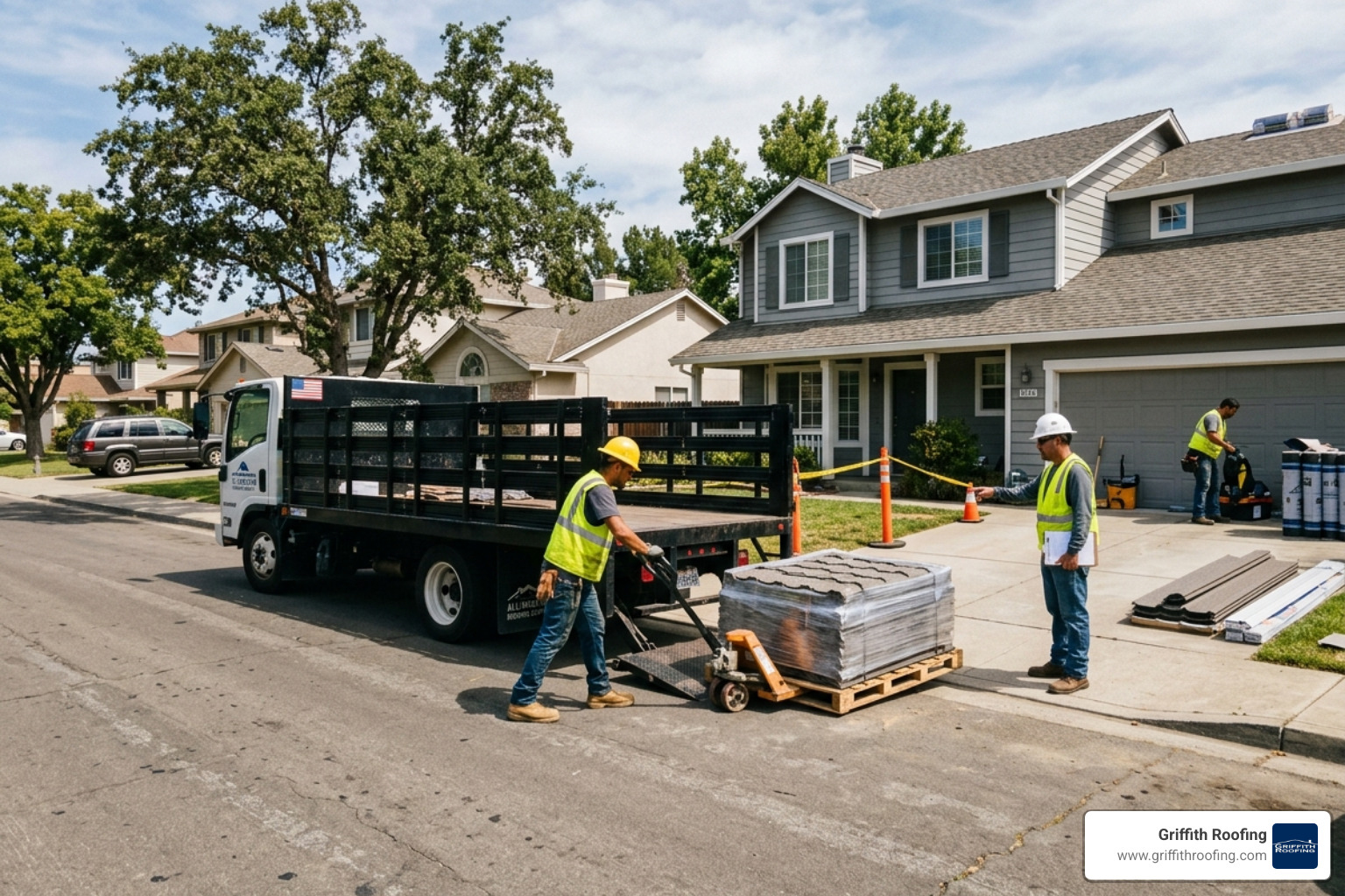 Roofing materials being delivered to a job site - stone coated metal roof cost Roofing materials being delivered to a job site - stone coated metal roof cost
