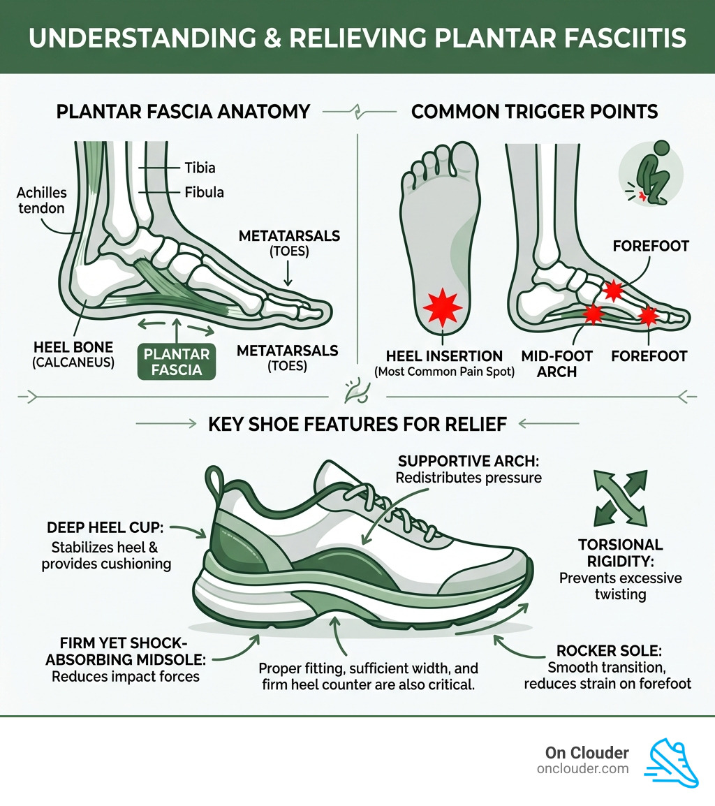 Infographic showing plantar fascia anatomy, common trigger points, and key shoe features for relief - best shoes for plantar