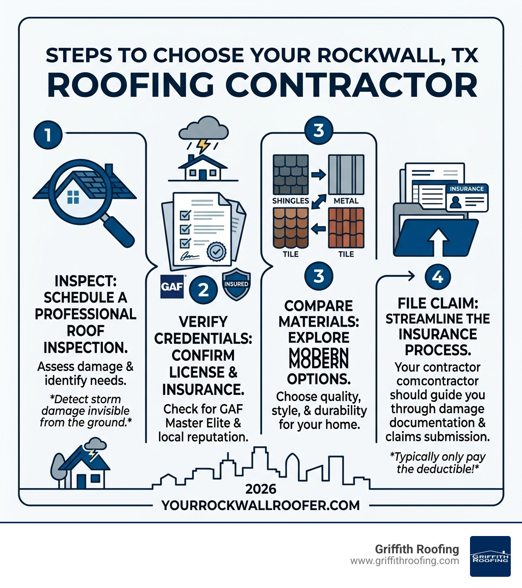 Infographic showing key steps to choose a roofing contractor in Rockwall TX: inspect, verify credentials, compare materials Infographic showing key steps to choose a roofing contractor in Rockwall TX: inspect, verify credentials, compare materials