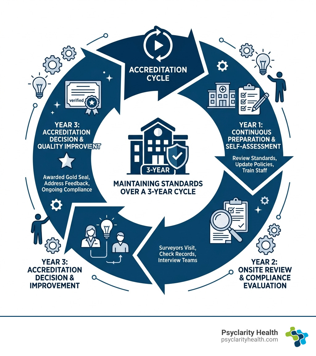 Infographic showing the 3-year accreditation review cycle for mental health treatment centers - accredited mental health Infographic showing the 3-year accreditation review cycle for mental health treatment centers - accredited mental health