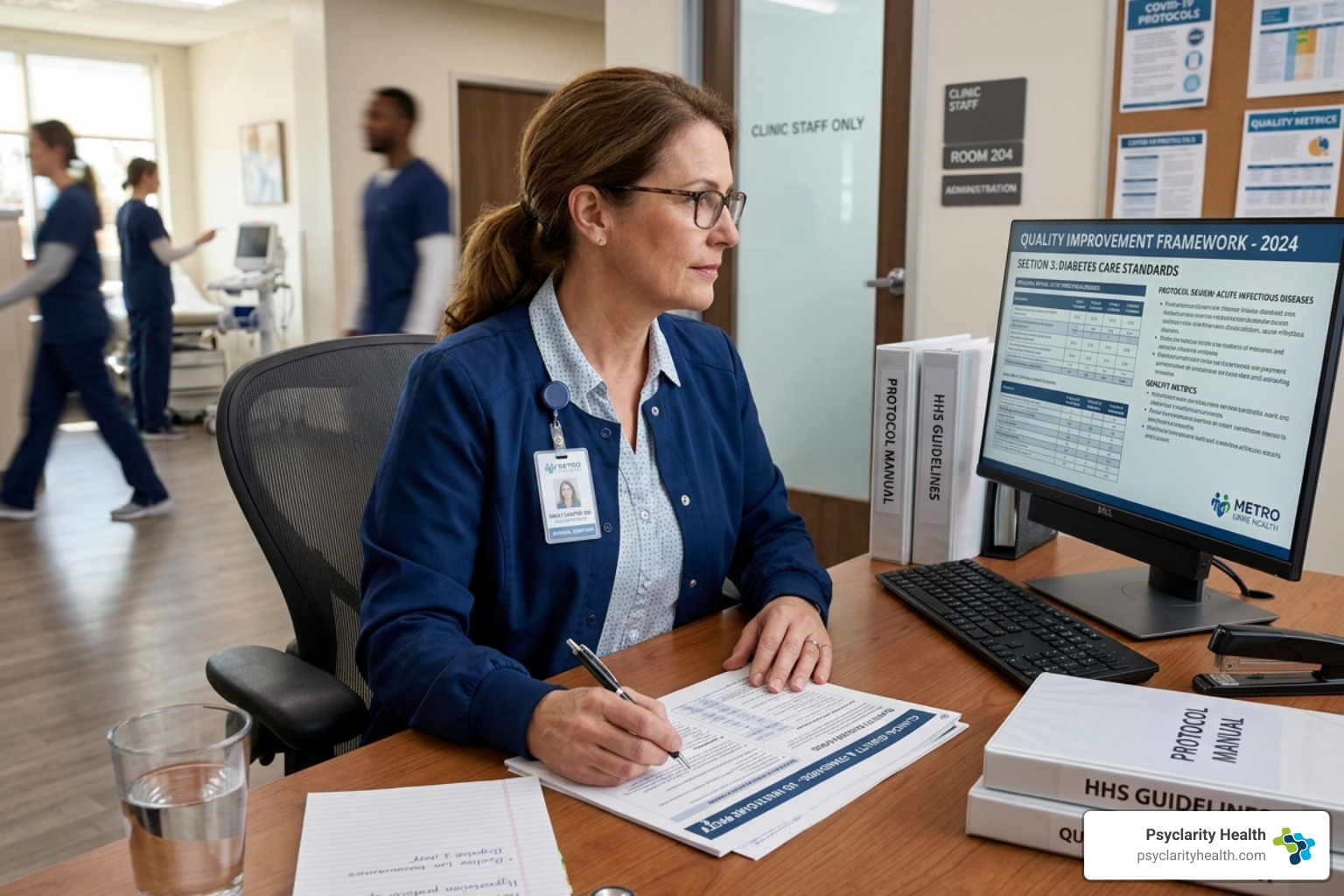 Healthcare professional reviewing quality standards and clinical protocols - accredited mental health treatment center Healthcare professional reviewing quality standards and clinical protocols - accredited mental health treatment center