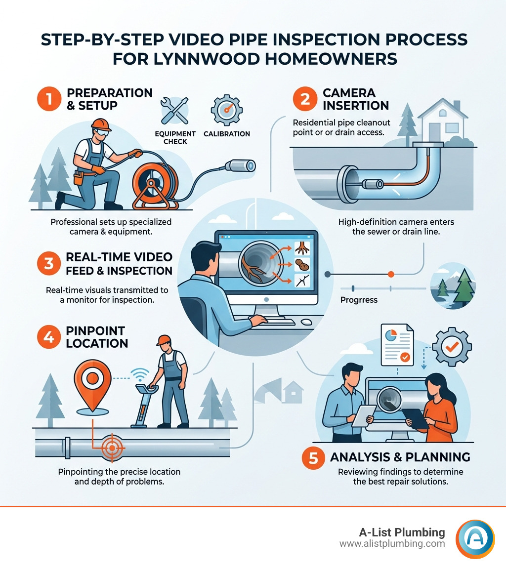 Step-by-step video pipe inspection process infographic for Lynnwood homeowners - video pipe inspection Lynnwood infographic Step-by-step video pipe inspection process infographic for Lynnwood homeowners - video pipe inspection Lynnwood infographic