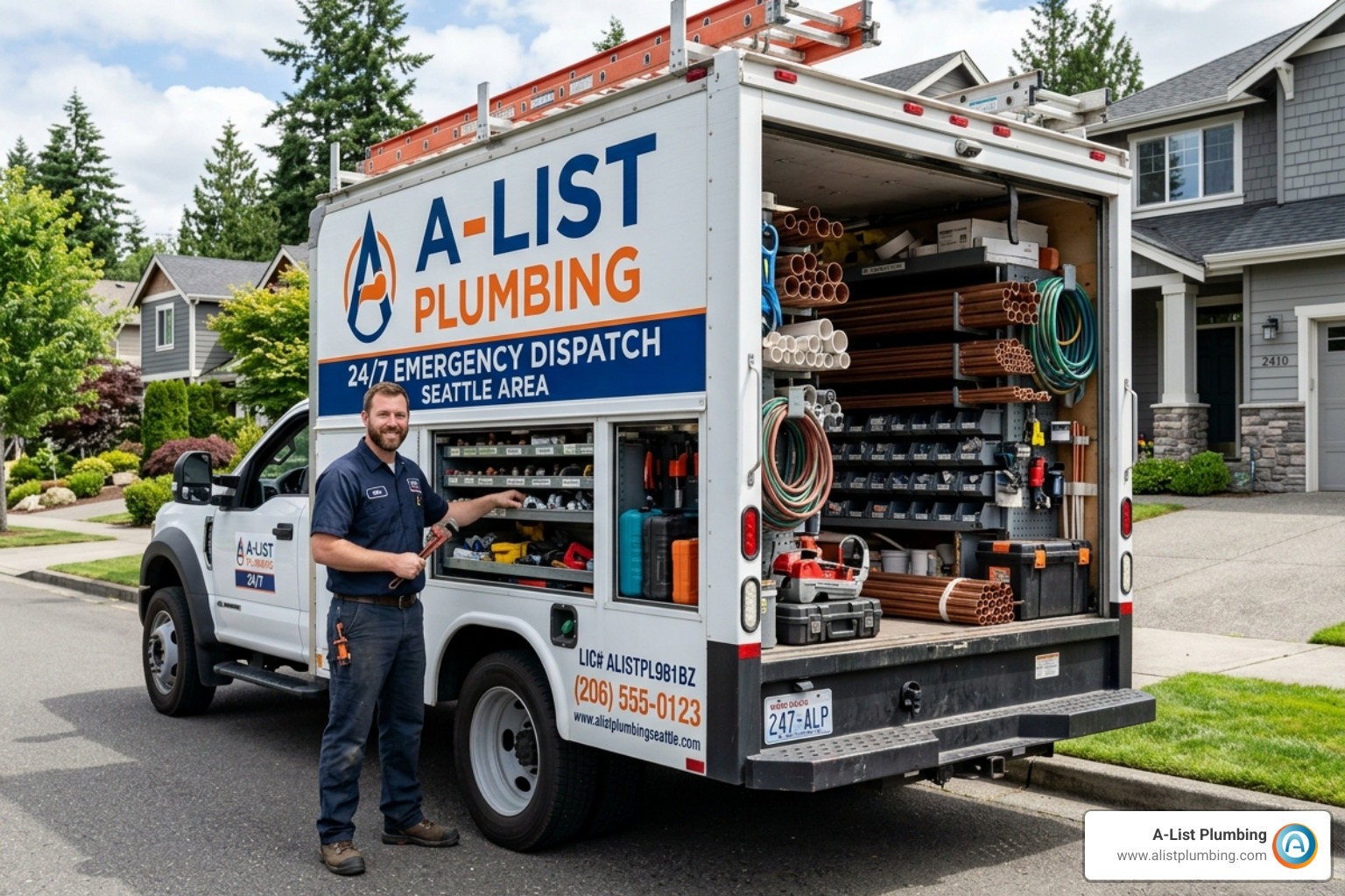 A-List Plumbing service truck fully stocked with tools and parts for 24/7 dispatch - plumber emergency services