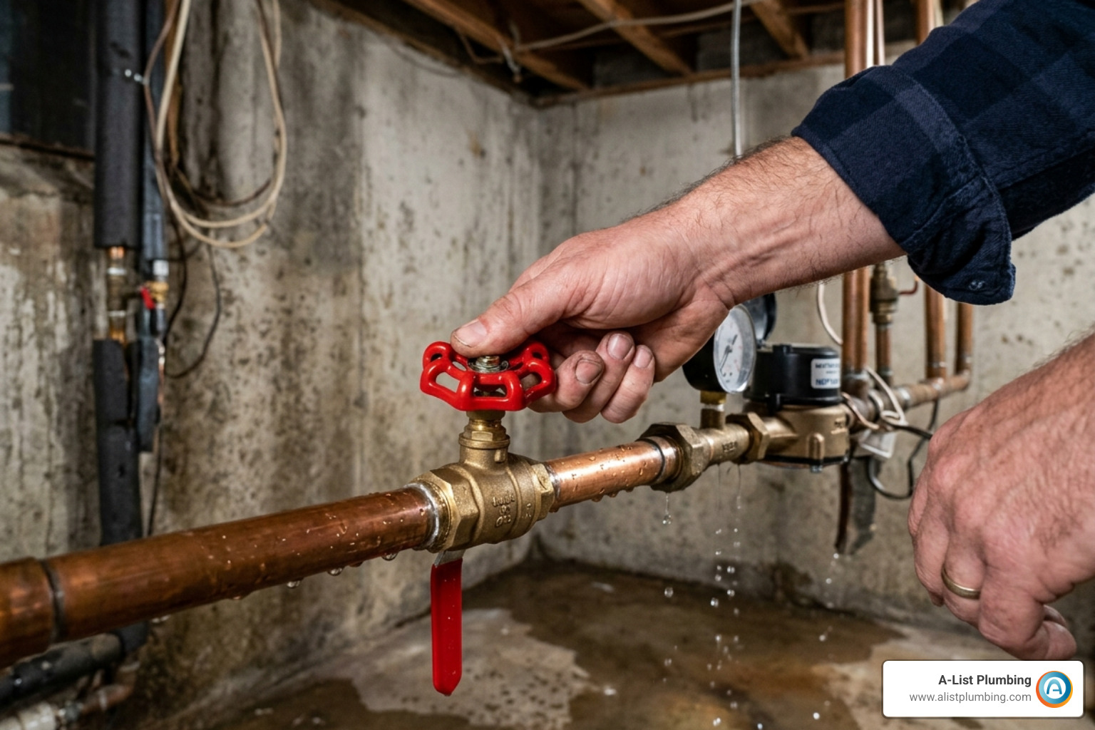 hand turning a main water shutoff valve to stop a leak - emergency fix for leaking pipe hand turning a main water shutoff valve to stop a leak - emergency fix for leaking pipe