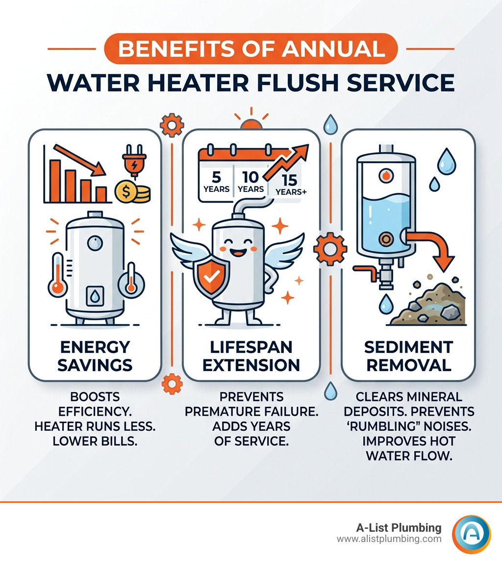 Infographic showing benefits of annual water heater flush service including energy savings, lifespan extension, and sediment