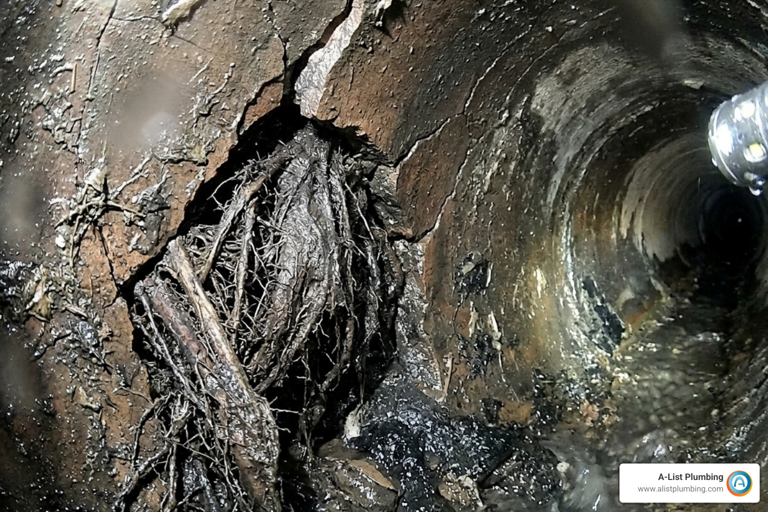 Tree root intrusion inside a Lynnwood sewer line captured by camera - video pipe inspection Lynnwood Tree root intrusion inside a Lynnwood sewer line captured by camera - video pipe inspection Lynnwood