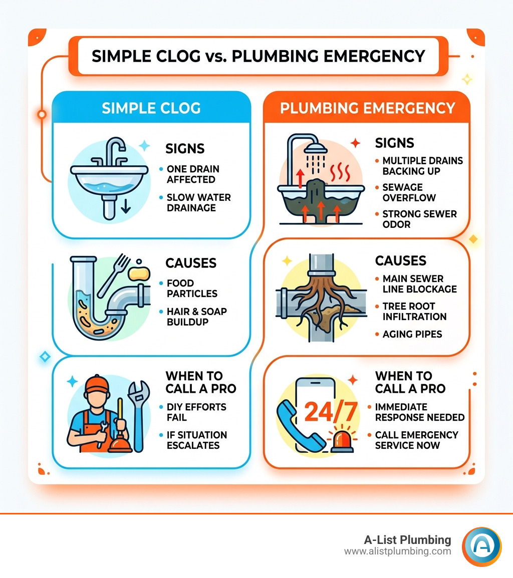 Infographic: simple clog vs. plumbing emergency — signs, causes, and when to call a pro - emergency drain cleaning service