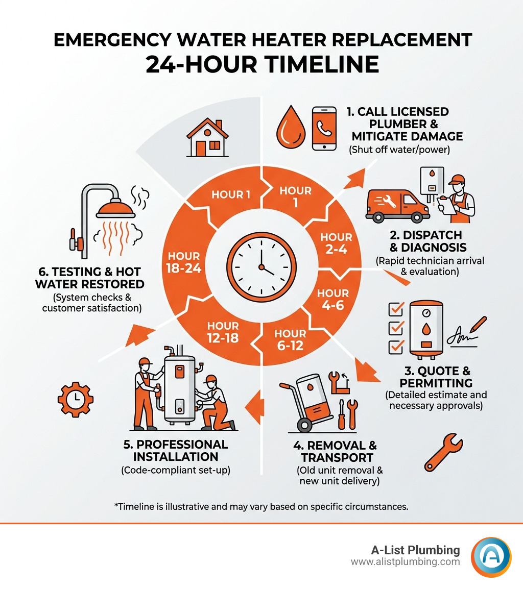 Emergency water heater replacement 24-hour timeline infographic - emergency water heater replacement infographic 