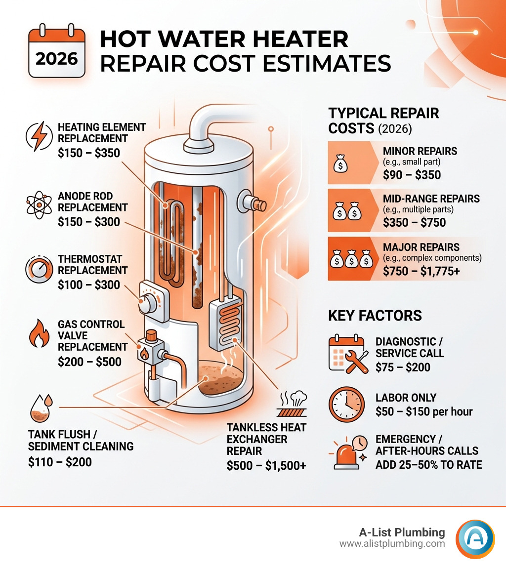 Common water heater failure points and 2026 repair cost estimates infographic - hot water heater repair costs infographic 
