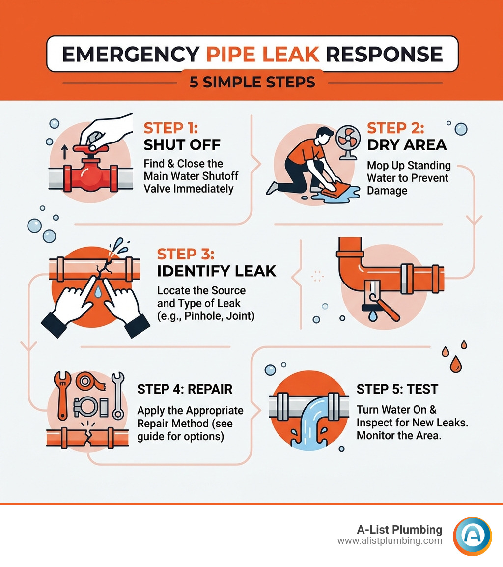 5-step emergency pipe leak response infographic showing shutoff, dry, identify, repair, test - best way to fix a leaking 5-step emergency pipe leak response infographic showing shutoff, dry, identify, repair, test - best way to fix a leaking
