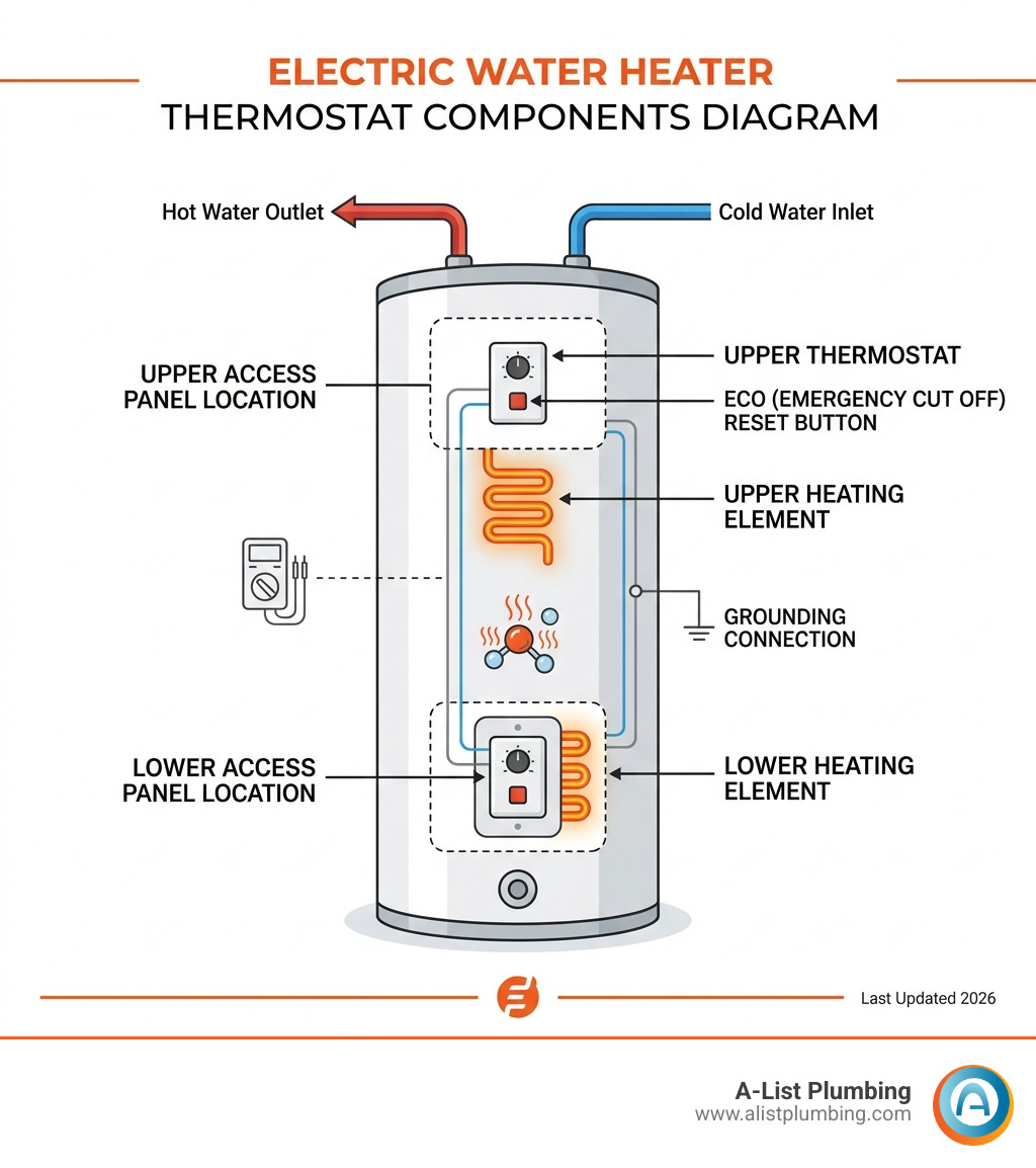 Water heater thermostat components diagram showing upper thermostat, lower thermostat, ECO reset button, heating elements