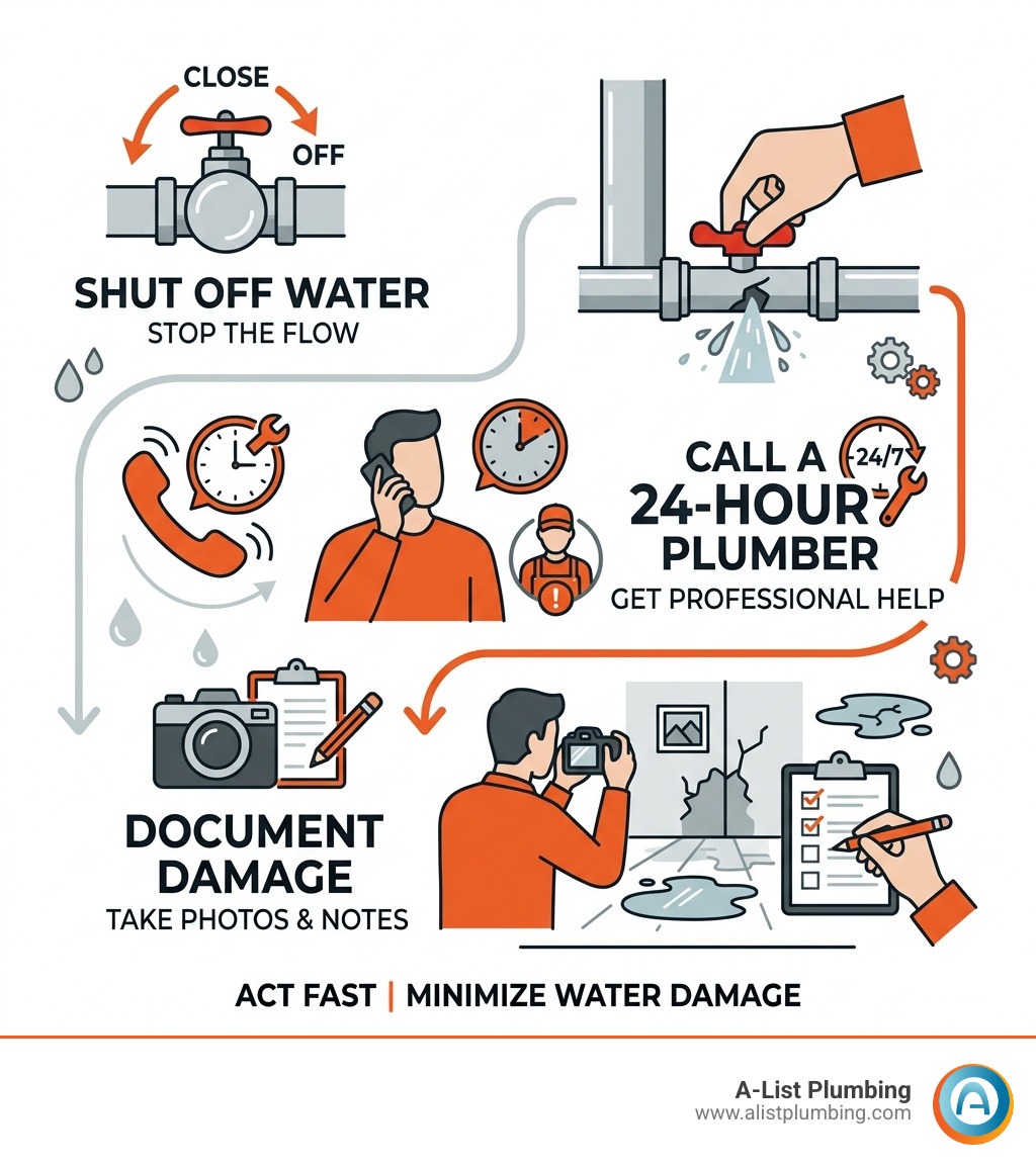 Immediate steps for plumbing emergencies: shut off water, call a 24-hour plumber, document damage - 24 hour plumber near me