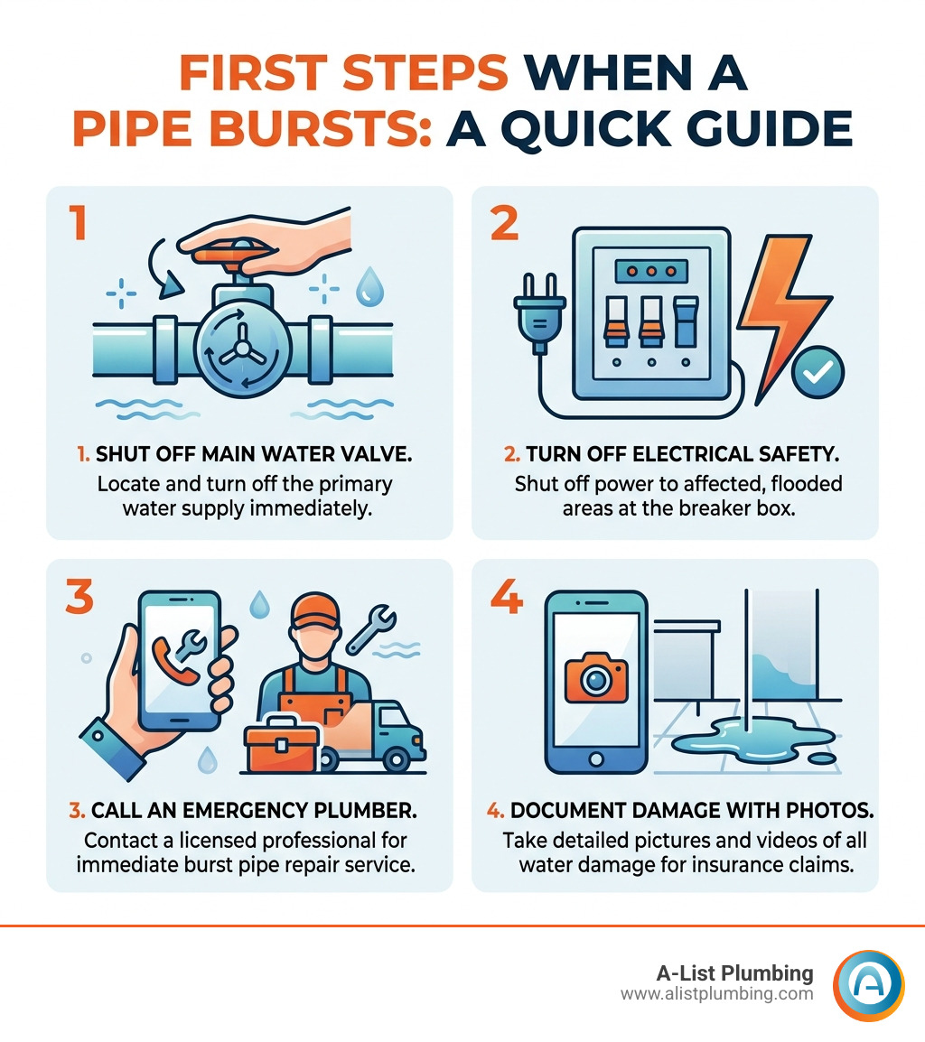 Infographic: first steps when a pipe bursts, water shutoff, electrical safety, call plumber, document damage - burst pipe Infographic: first steps when a pipe bursts, water shutoff, electrical safety, call plumber, document damage - burst pipe
