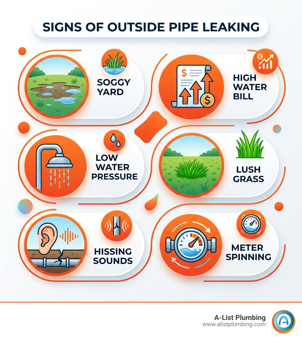 Infographic showing signs of outside pipe leaking: soggy yard, high water bill, low pressure, lush grass, hissing sounds