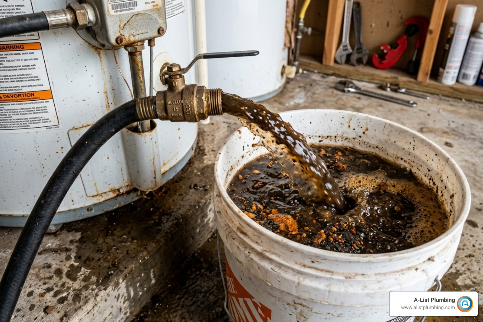 Sediment-filled water being drained from a water heater into a bucket - water heater flush service