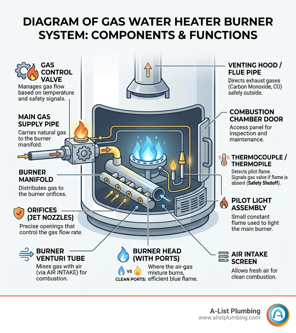 diagram of gas water heater burner system components and their functions - water heater burner repair infographic 