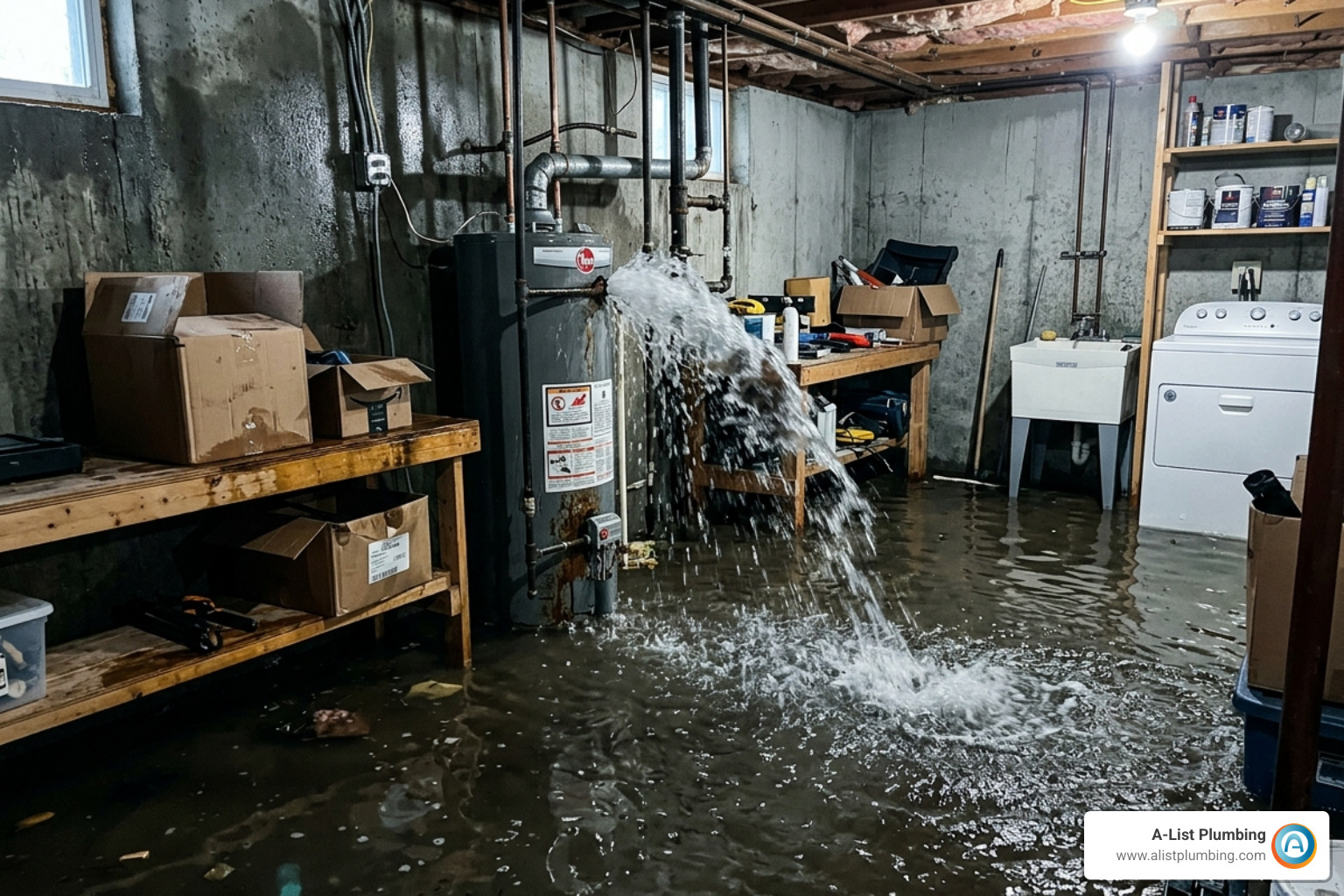 A burst pipe in a basement causing significant flooding - 24 hour plumber near me